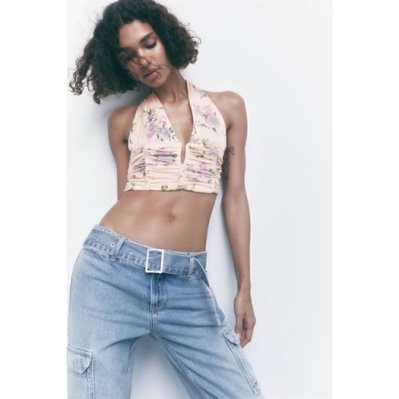NWT Zara Floral Print Corset V-Neck Halter Neck Tie Crop Top in Pale Pink - Picture 4 of 16